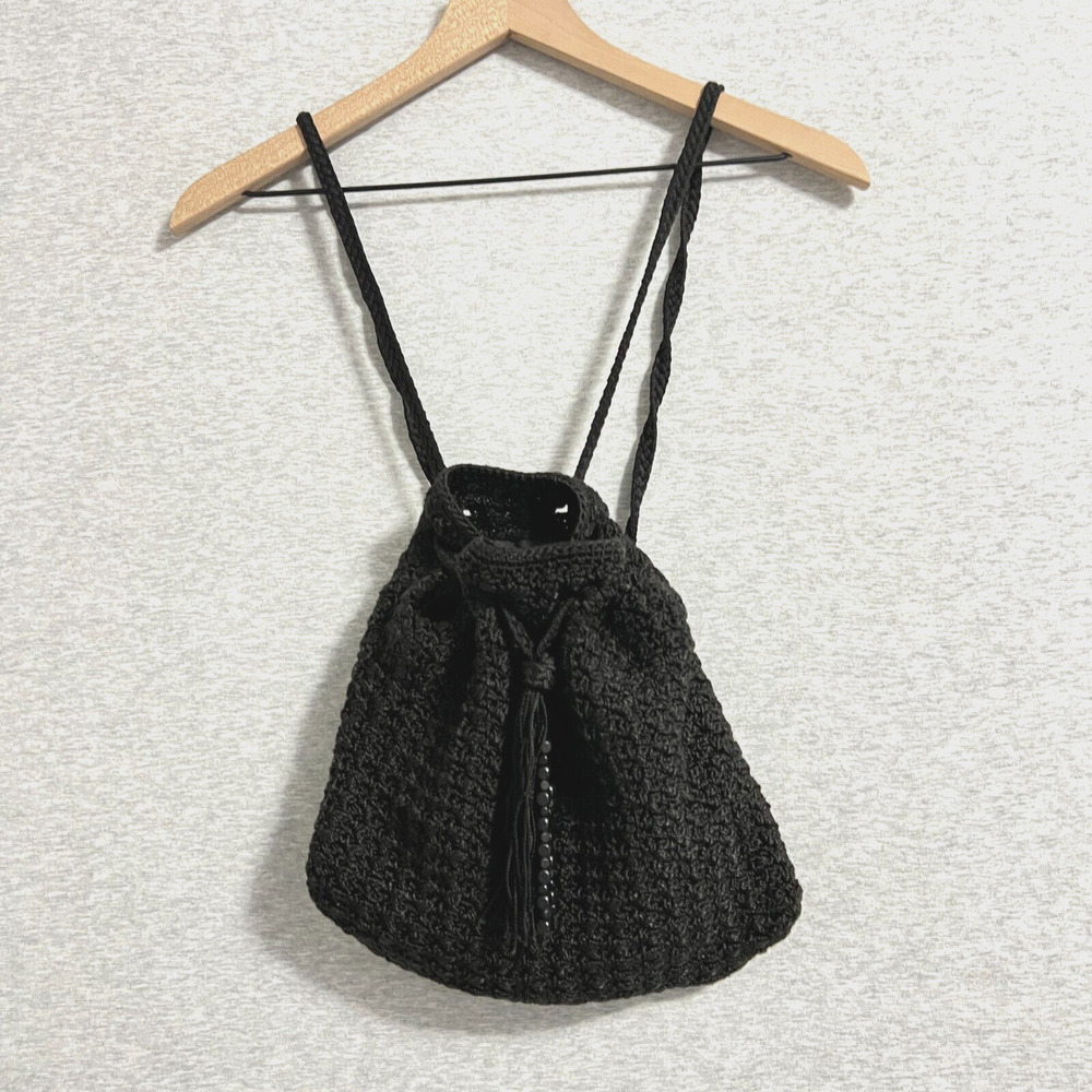 The Sak Crochet Backpack Bag Black Tassel Drawstring Bucket Hobo Retro Y2K Boho